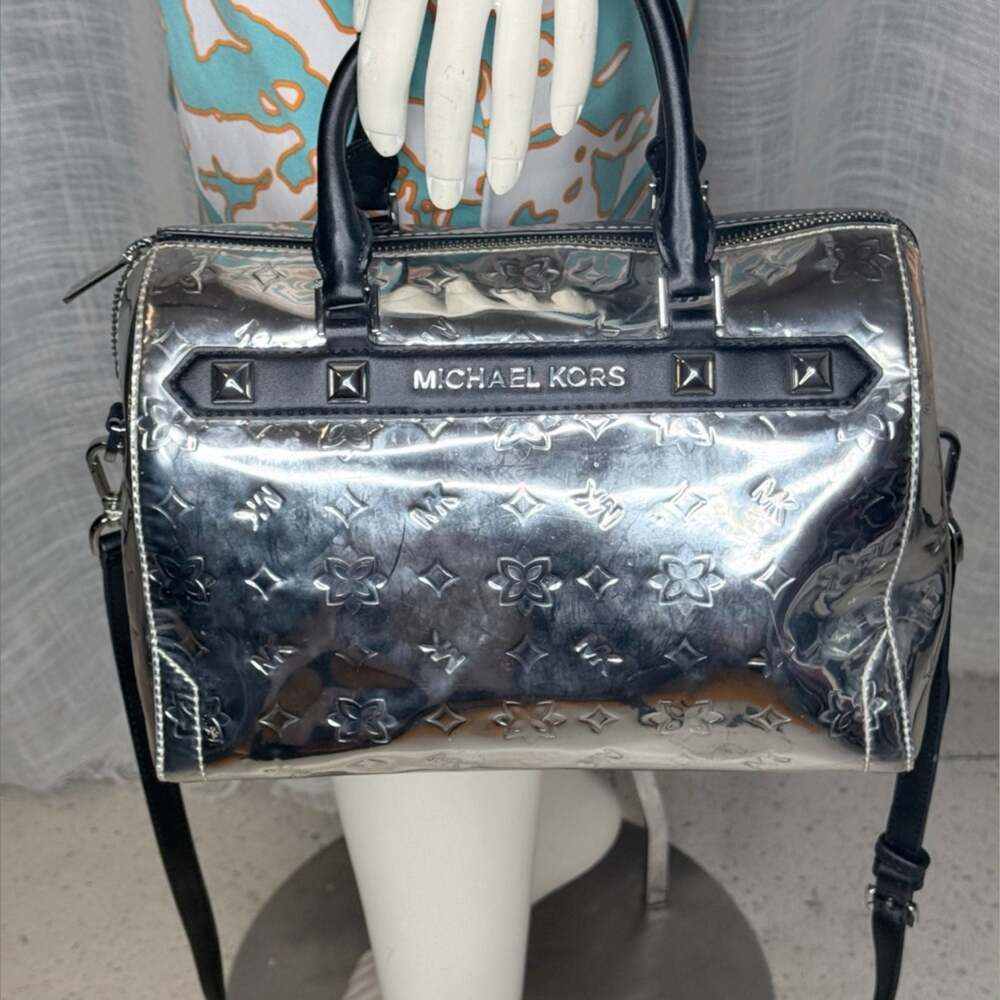 Michael Kors Kara Metallic Silver Mirror Leather Satchel Duffel Bag - Picture 2 of 4